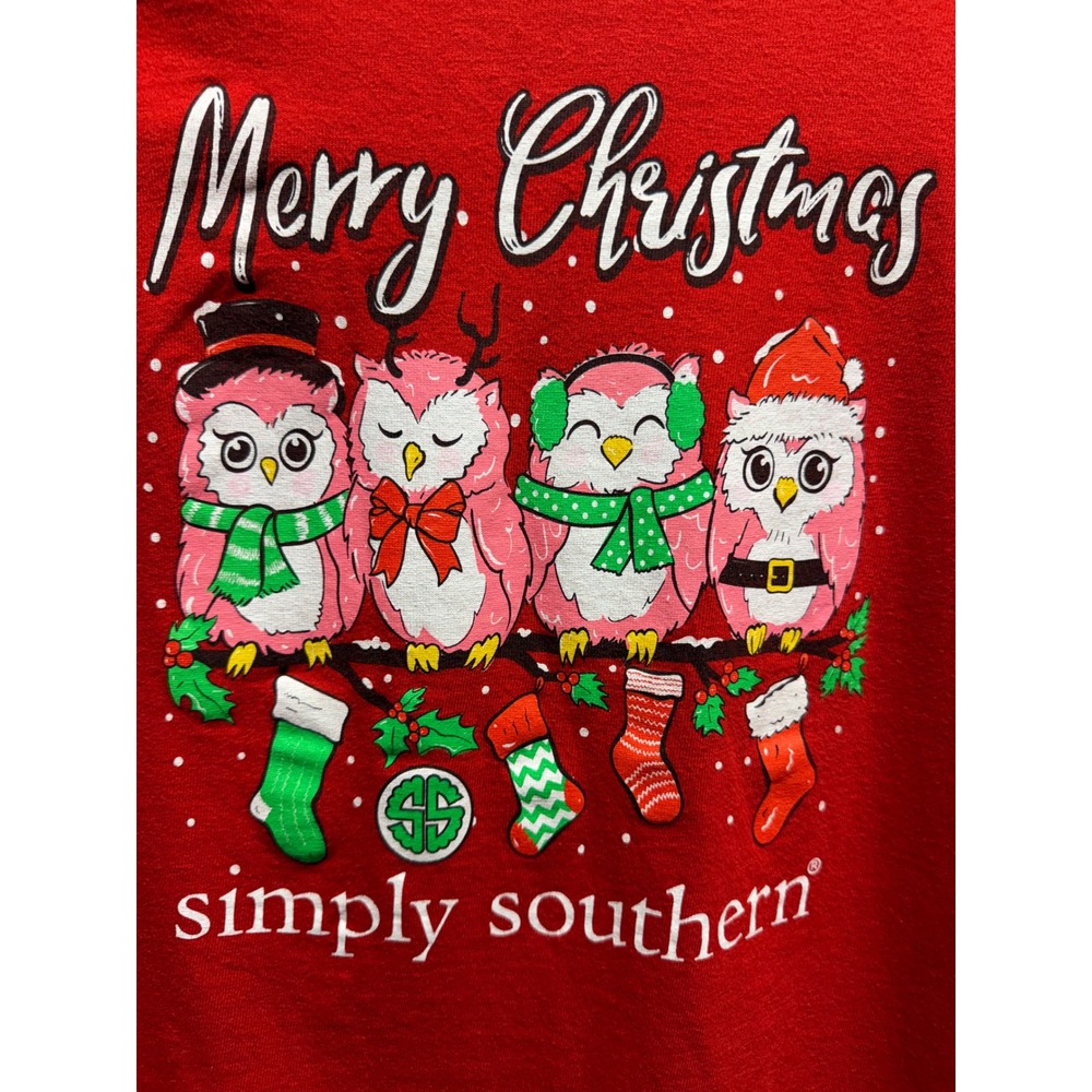 Simply Southern Youth MEDIUM Merry Christmas Owls Long Sleeve Graphic T-Shirt
